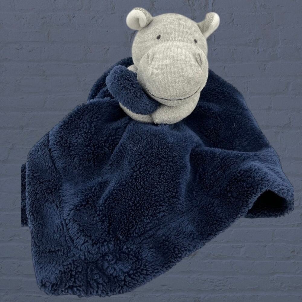 Carters Hippo Security Blanket Navy Blue Gray Rattle Satin Lined Plush Baby Toy